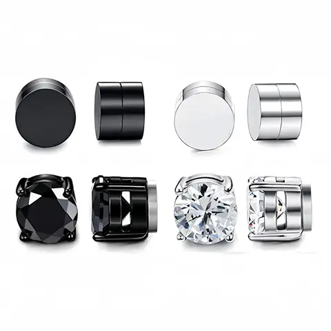4 Pairs Stainless Steel Magnetic Earrings Set for Men Women Shiny Round Cubic Zirconia Stud Earrings Non-Pierced Ears Hypoallergenic Trend Fake Earring