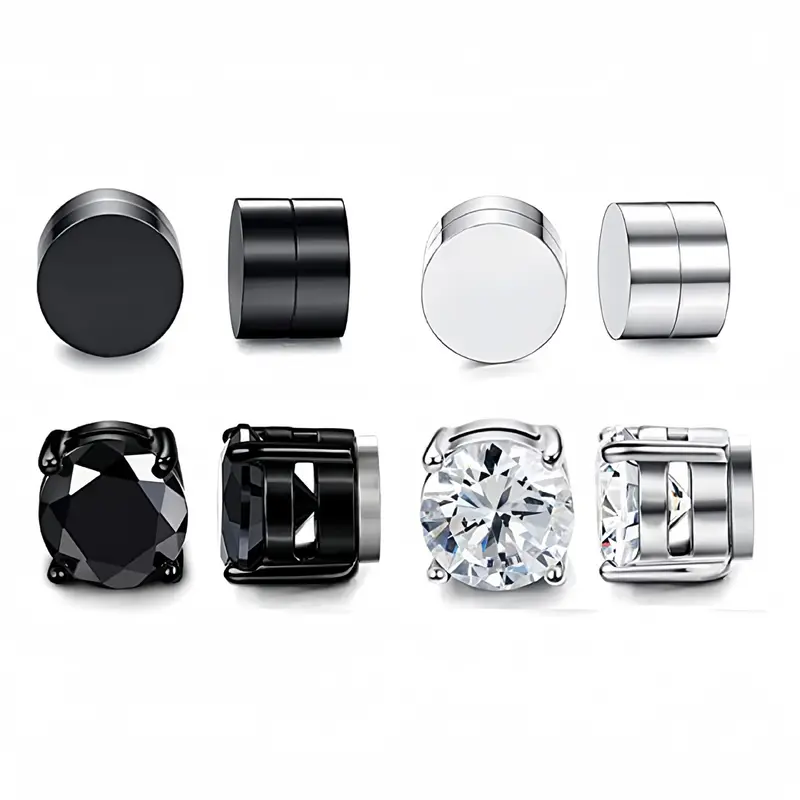 4 Pairs Stainless Steel Magnetic Earrings Set for Men Women Shiny Round Cubic Zirconia Stud Earrings Non-Pierced Ears Hypoallergenic Trend Fake Earring