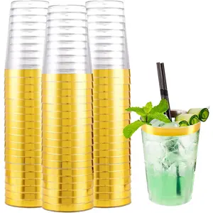 10 oz Gold Rimmed Clear Plastic Disposable Party Cups-for Wine, Wedding, Drinking & Cocktails