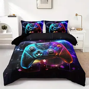 Vibrant Gaming Controller Bedding Set, Includes 1 Fitted Sheet and 2 Pillowcases, Breathable Polyester Fiber
