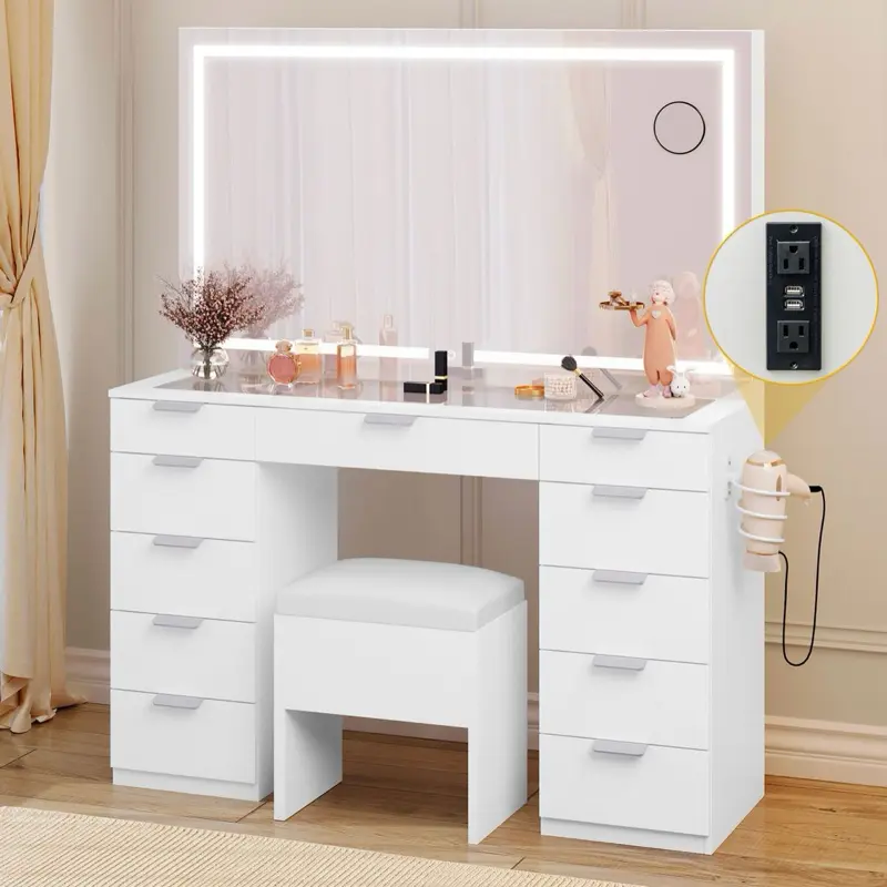 Vanity Set Led Lighted with Sliding Mirror Makeup Dressing Table 11 Drawer