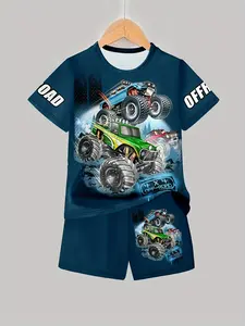 Boys' Crazy Racing Print Set, Fashion Casual Hoodie Short Sleeve Shorts, Outdoor Sports Athletic T-Shirt Pants Set, 2 Piece Pack