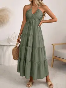 Summer Vacation Style Casual Halter Neck V-Neck Tiered Cake Dress for Women, Ruched Waist Sleeveless Backless Beach Dress, Elegant Long Skirt, Womenswear