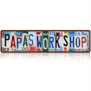 Vintage "Papa's Workshop" Metal Wall Sign - Rustic aluminum trim with colorful letters, 16 x 4 inches, perfect for home or garage wall art