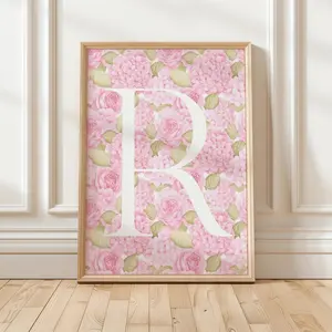 Custom Initial Pink Hydrangea Roses Coquette Print, Chinoiserie Pink Personalized Monogram Wall Art, Baby In Bloom Girl Nursery Art Toile