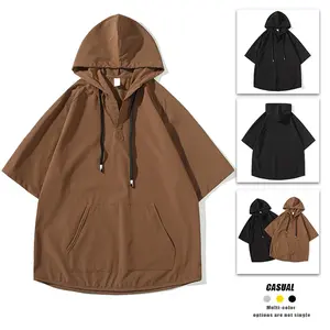Men’s summer ice silk cool-touch nylon hooded T-shirt, trendy brand, three-quarter sleeves, loose pullover hoodie top