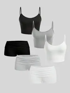 Women's Casual Plain Color Basic Fitted Halter Top and Shorts Set, All Seasons Beach Style, Comfortable Homewear for Spring Summer Fall