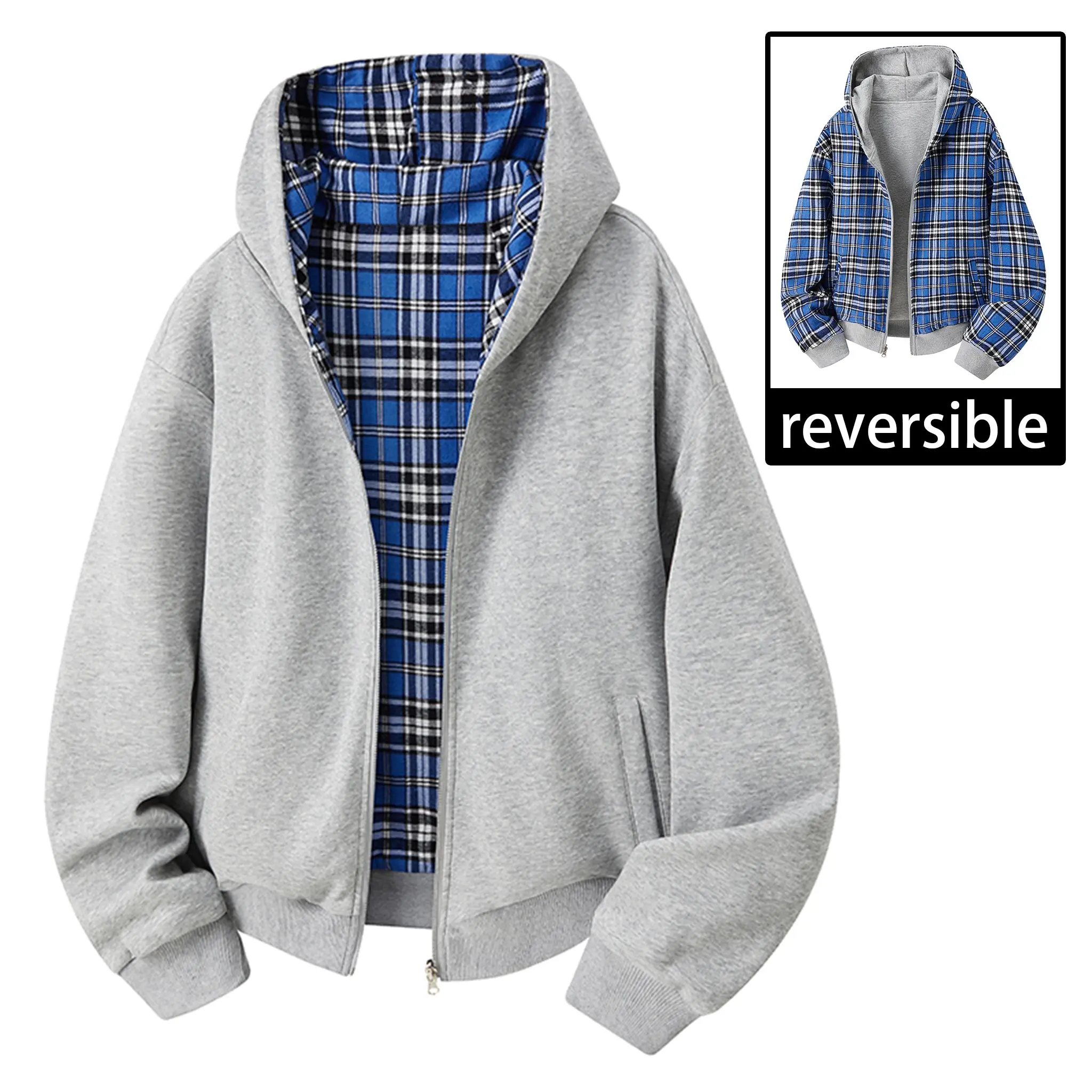 Men’s spring/autumn reversible hooded zip-up sweatshirt jacket, American vintage blue plaid, loose fit, can be worn two ways