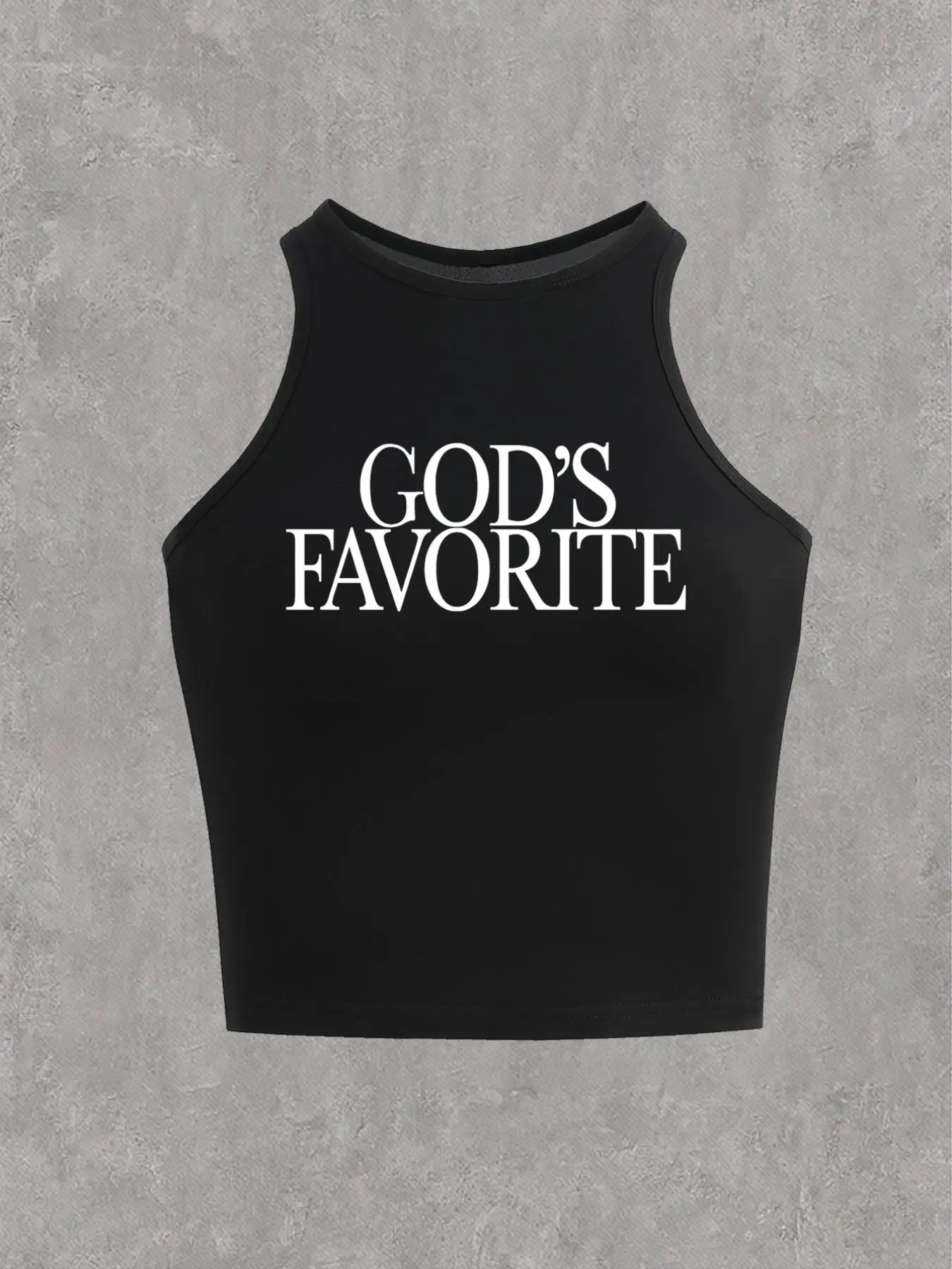 Women's "GOD'S FAVORITE" Letter Print Round Neck Fitted Tank Top, Y2K Trendy Slogan Sleeveless Casual Top for Daily Wear, Ladies Summer Outfit, Womenswear, Casual Flattering Sleeveless