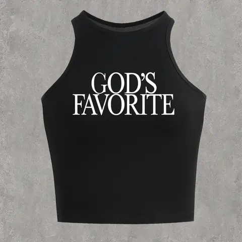 Women's "GOD'S FAVORITE" Letter Print Round Neck Fitted Tank Top, Y2K Trendy Slogan Sleeveless Clothing Casual Top for Daily Wear, Ladies Summer Outfit, Womenswear