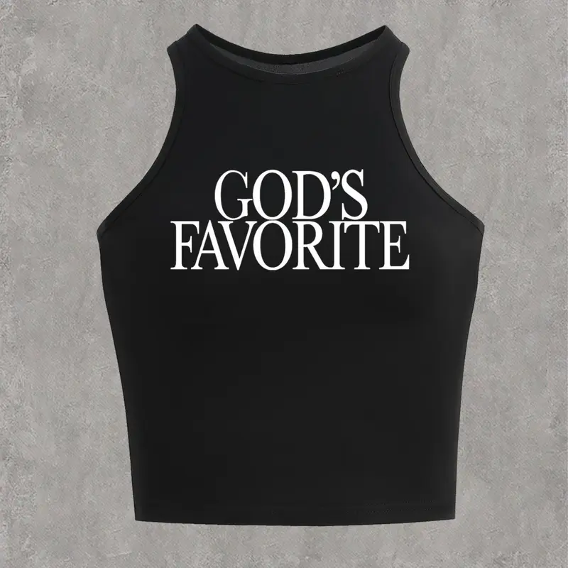 Women's "GOD'S FAVORITE" Letter Print Round Neck Fitted Tank Top, Y2K Trendy Slogan Sleeveless Clothing Casual Top for Daily Wear, Ladies Summer Outfit, Womenswear