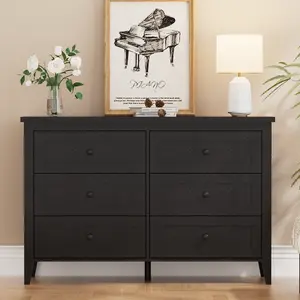 Modern Black 6 Drawer Dresser with Spacious Countertop,  Wooden Chest of Drawers for Living Room, Bedroom or Entryway