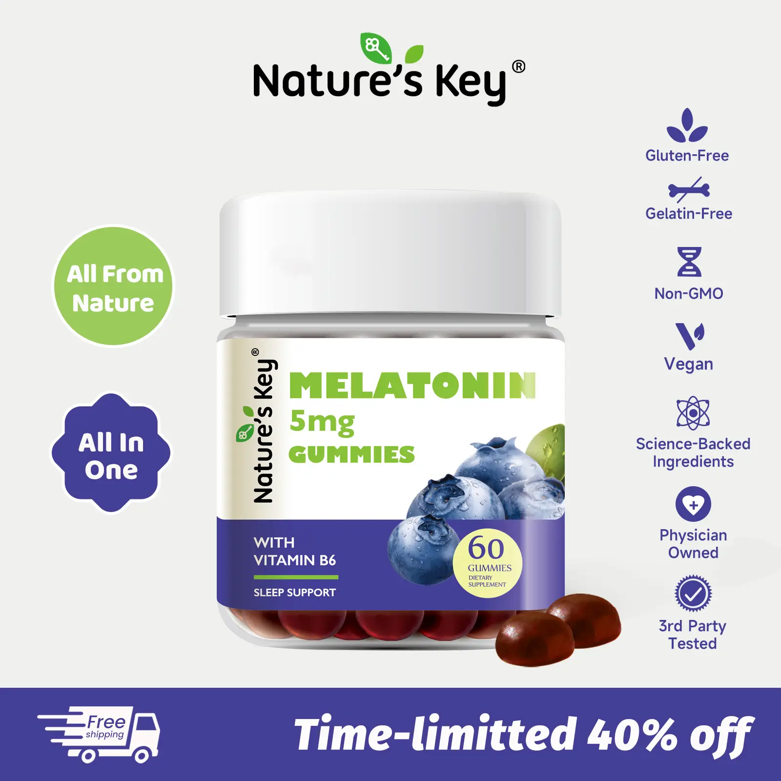 Nature's Key Melatonin Gummies for Adults, 5mg Dose Gummy with Vitamin B6, Non-GMO,Gluten-Free-Natural Blueberry Flavor 60 Count