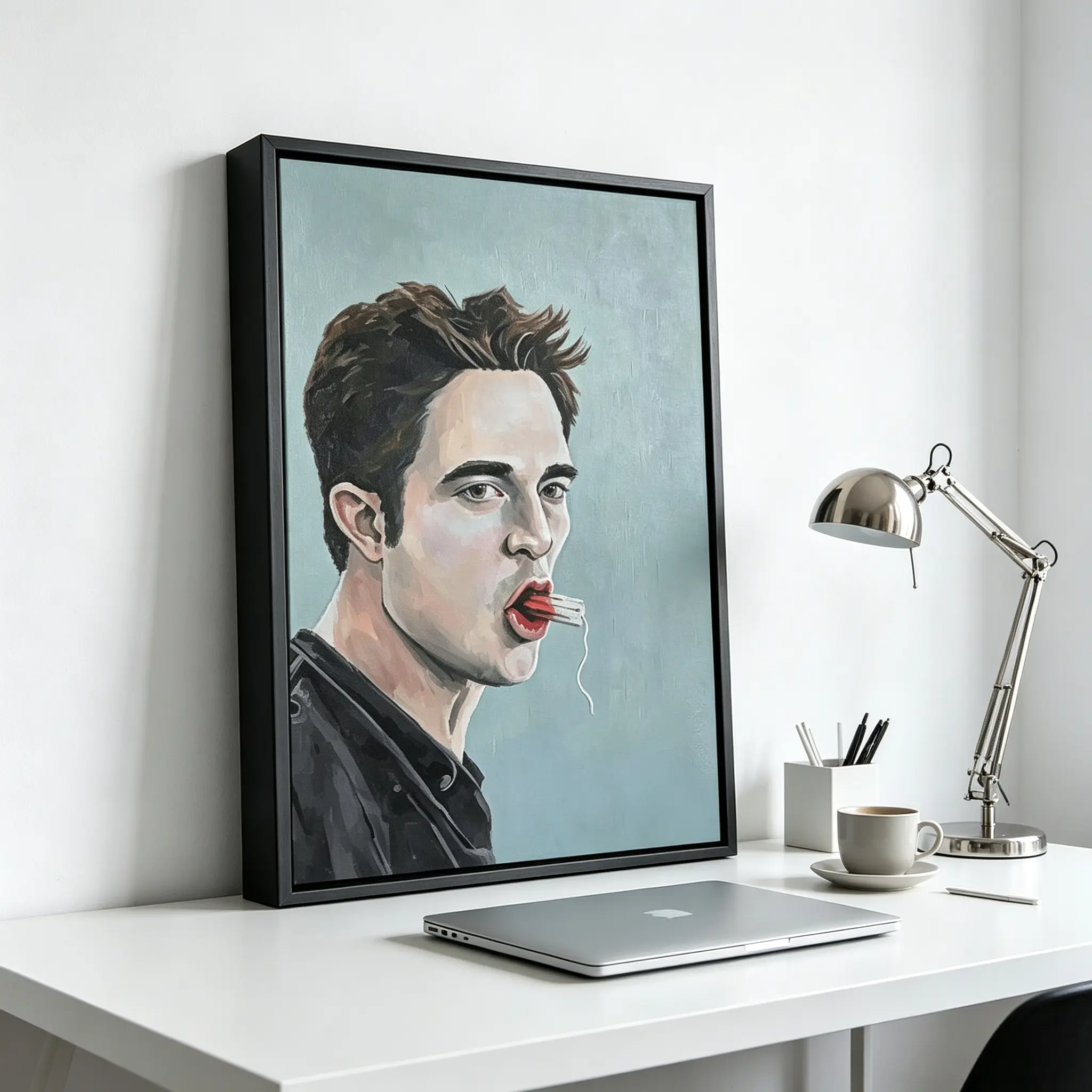 Funny Robert Pattinson Meme Framed Canvas Wall Art, Quirky Oil Painting-Style Celebrity Poster, Trendy Home Decor for Bedroom Dorm