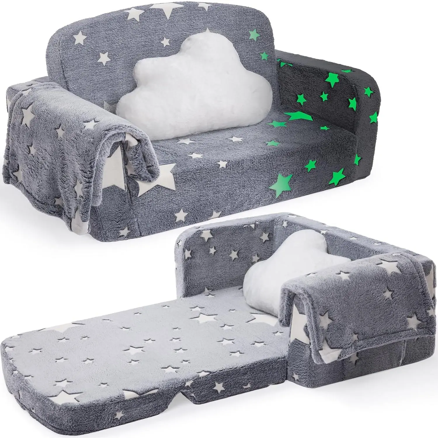 Extra Wide Foldable Indoor Modern Furniture - 2-in-1 Durable Synthetic Soft Convertible Lounger Chair with Blanket, Glow-in-the-Dark Star Design, Comfy Cloud Pillow for Family Snuggle Time