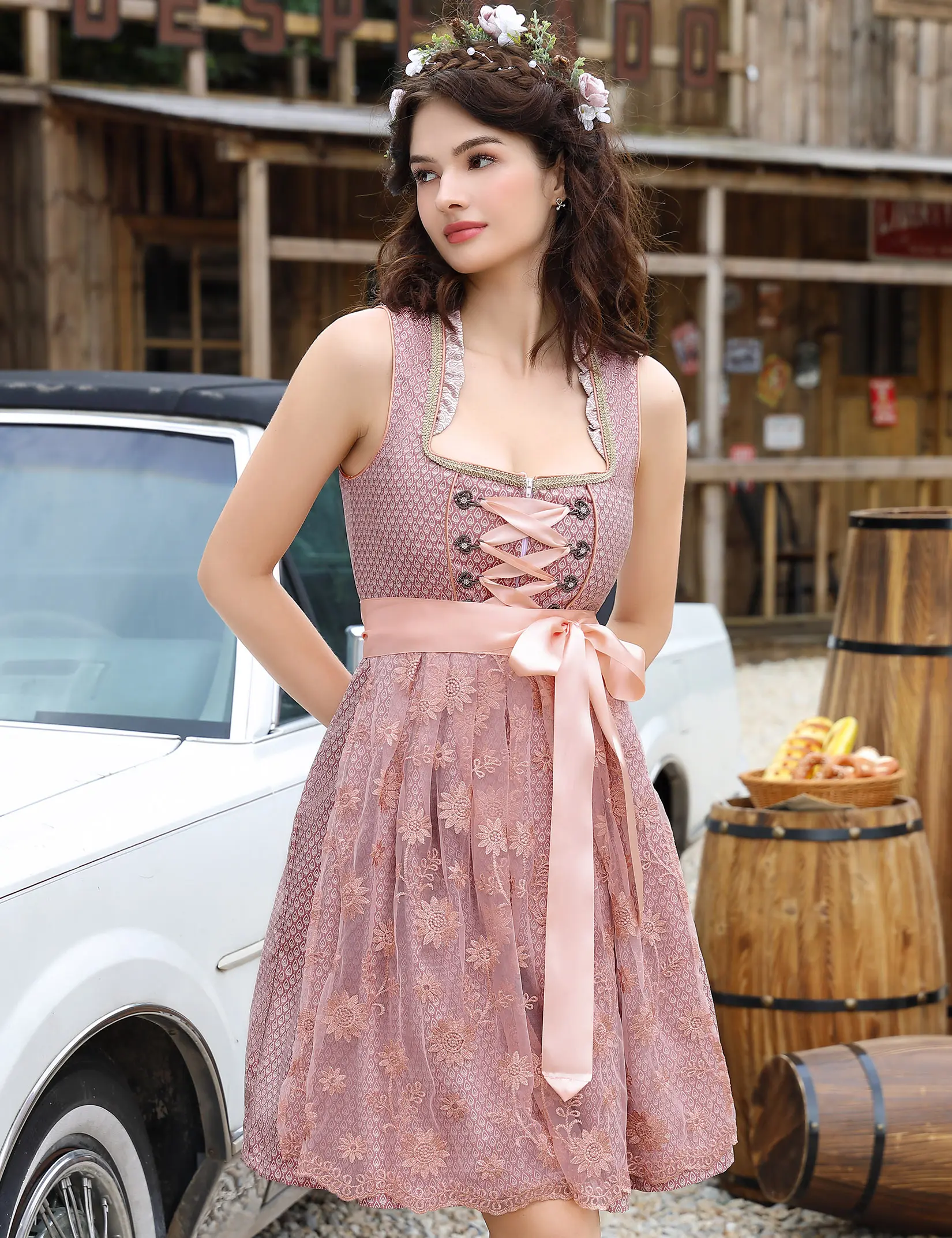 Women's 2-Piece Wrinkle-Resistant Jacquard Dirndl Dress Set with Floral Embroidered Apron and Satin Waist Sash for Oktoberfest, Renaissance Festival-DTY