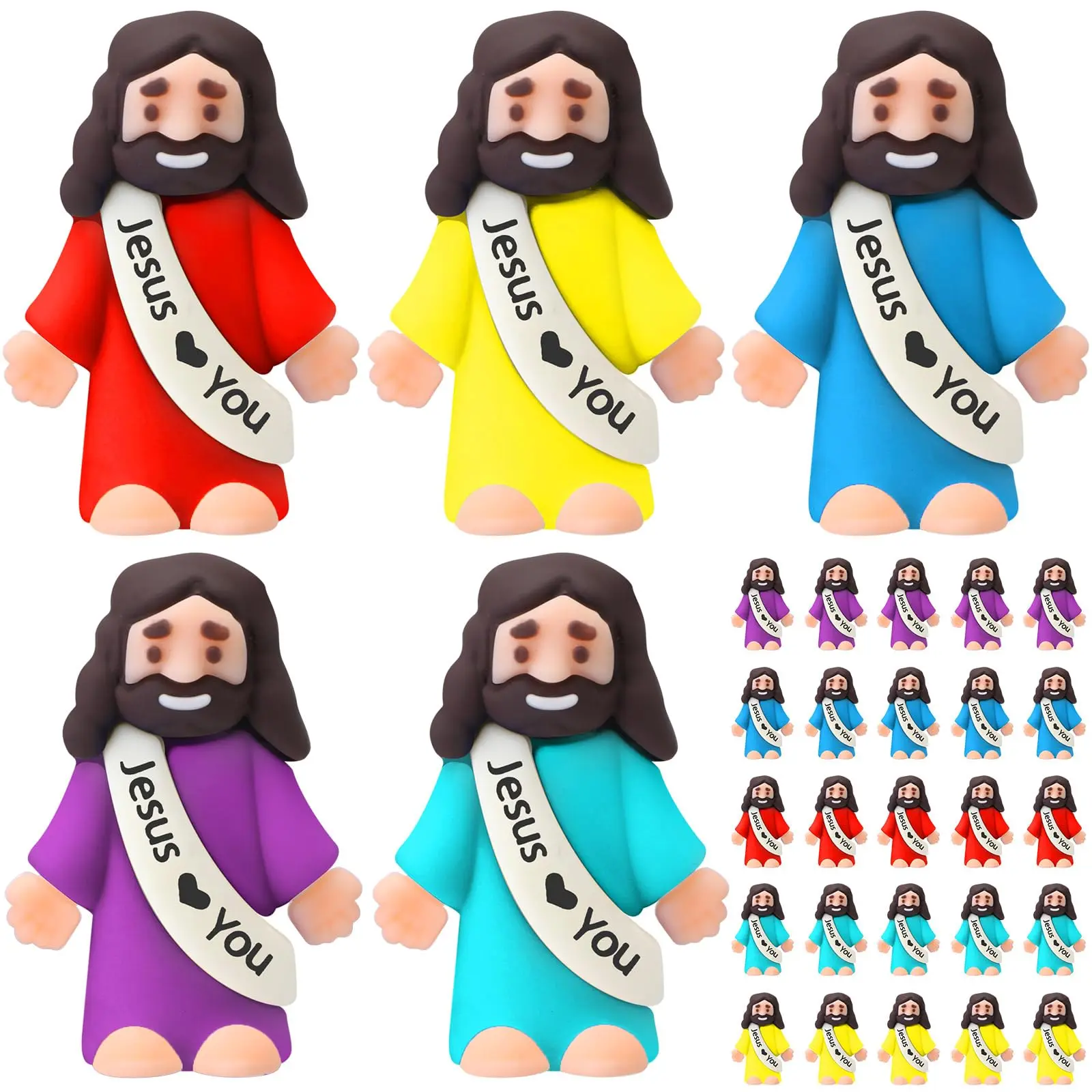 25 Pcs Little Jesus Figures Original Design Mini Jesus Figures with Colorful Robes to Hide and Seek Religious Party Favors Sunday School Baptism Gifts