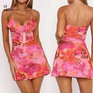 Women´s Spaghetti Strap Mini Dress Backless Ruffled Trim Print Bodycon Short Dress for Summer Vacation Womenwear