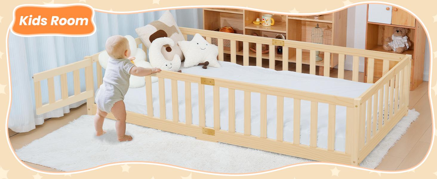 Naudacaa Twin/Full Size Montessori Floor Bed for Kids, Solid Wood Bed Frame with Fence, Door & Safety Guardrails, CPC Certified