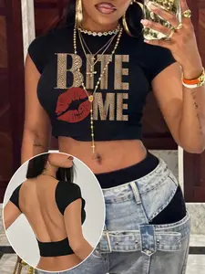 Women's Round Neck Backless Bodycon Top, Lip Print, Soft Comfortable Fabric, Street Style, Sexy Fashion, Daily Wear, Womenswear, Streetwear