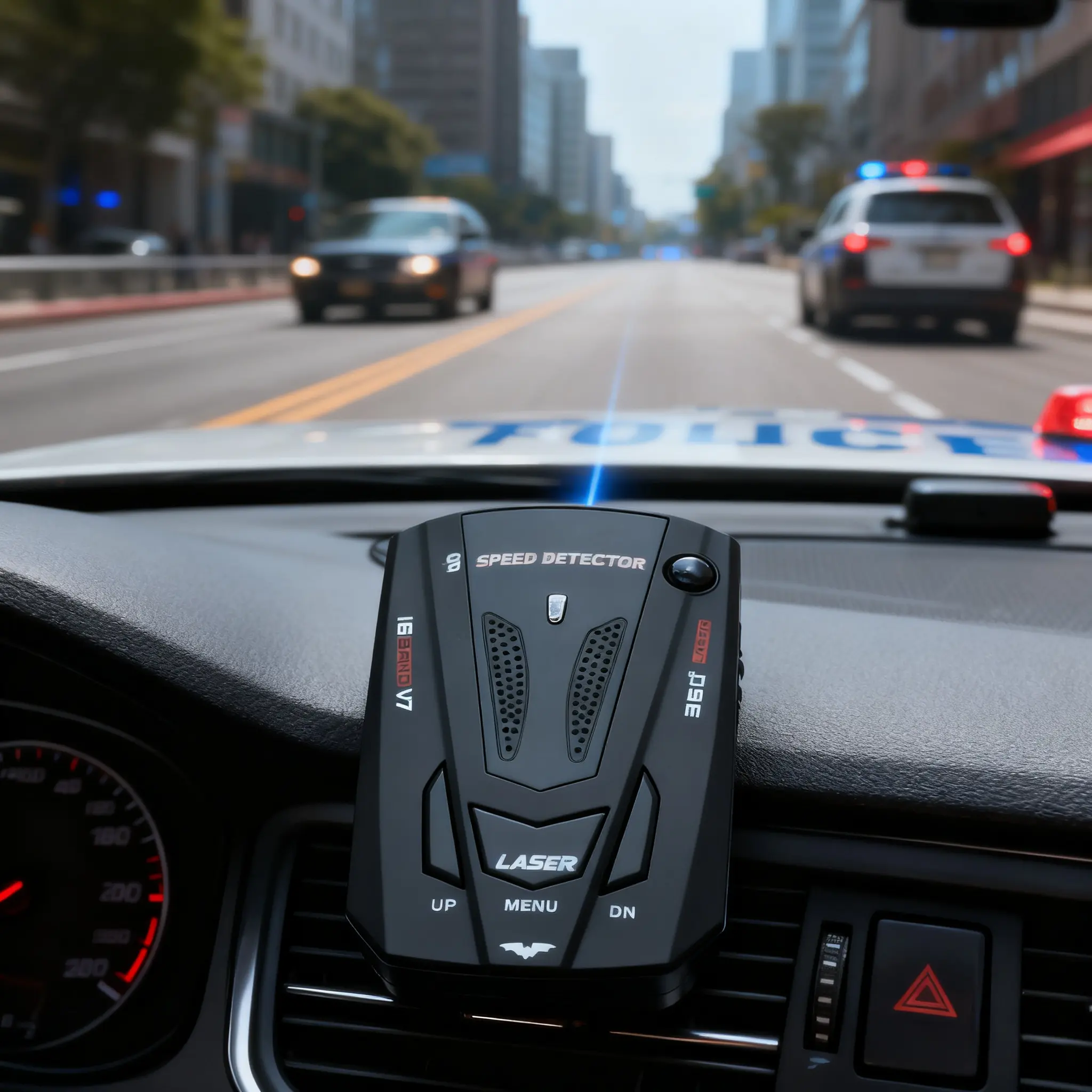 Portable V7 Vehicle Laser Signal Detector, Multi-band Scanning, In-car Driving Reminder Device with Non-slip Mat & Car Charger