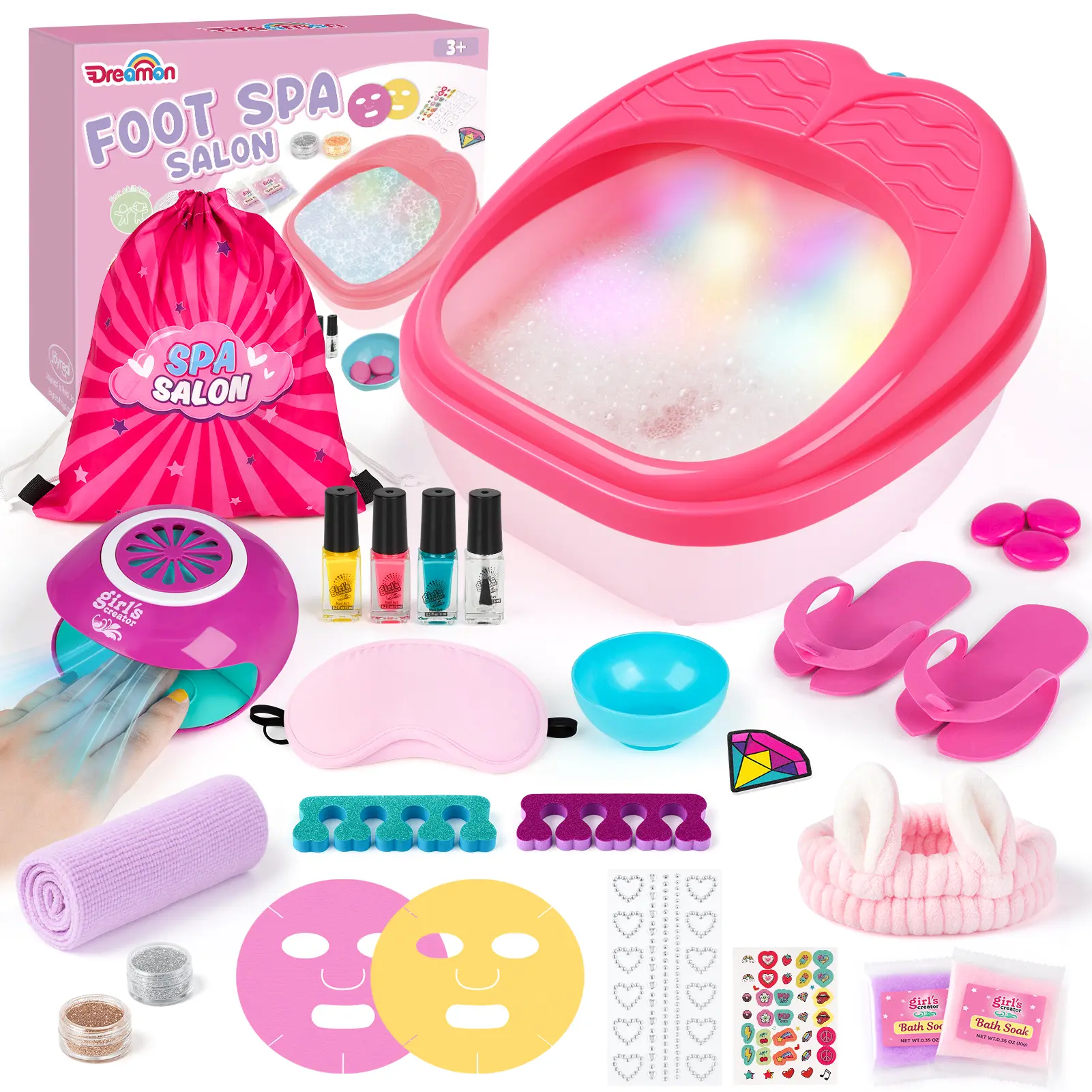 Dreamon Kids Foot Spa & Nail Kit Toy Set - 25 Pcs Kids Spa Day Kit with Middle Size Rainbow Light Massage Foot Soak Tub - Manicure Pedicure Art Salon Girl Toy