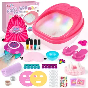 Dreamon Kids Foot Spa & Nail Kit Toy Set - 25 Pcs Kids Spa Day Kit with Middle Size Rainbow Light Massage Foot Soak Tub - Manicure Pedicure Art Salon Girl Toy