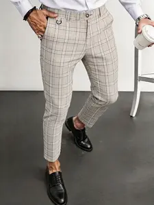 Men's Plaid Slim-Fit Suit Pants, Button Fly Long Pants, Comfortable Wrinkle-Resistant Breathable Business Pants, Casual Commute & Vacation Wear