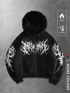 Unisex style, autumn and winter couple's trendy brand clothing, dark-themed Gothic-style pattern print, fleece-lined, cozy inner layer, hooded jacket with fur collar, suitable for a street style look, a perfect gift for a boyfriend or husband.