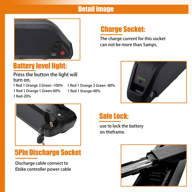 48V 15.6AH Ebike Battery, 4pin Suitable for 1500W motors with 2A Fast Charger and 40A BMS, USB Interface, Battery Indicator, Power Switch, Adult Electric Bike