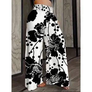 2023 Summer Abstract Face Print 3D Wide-Leg Pants, Black and White Graffiti, Loose Fit, Non-Stretch Polyester Fabric - Machine Washable