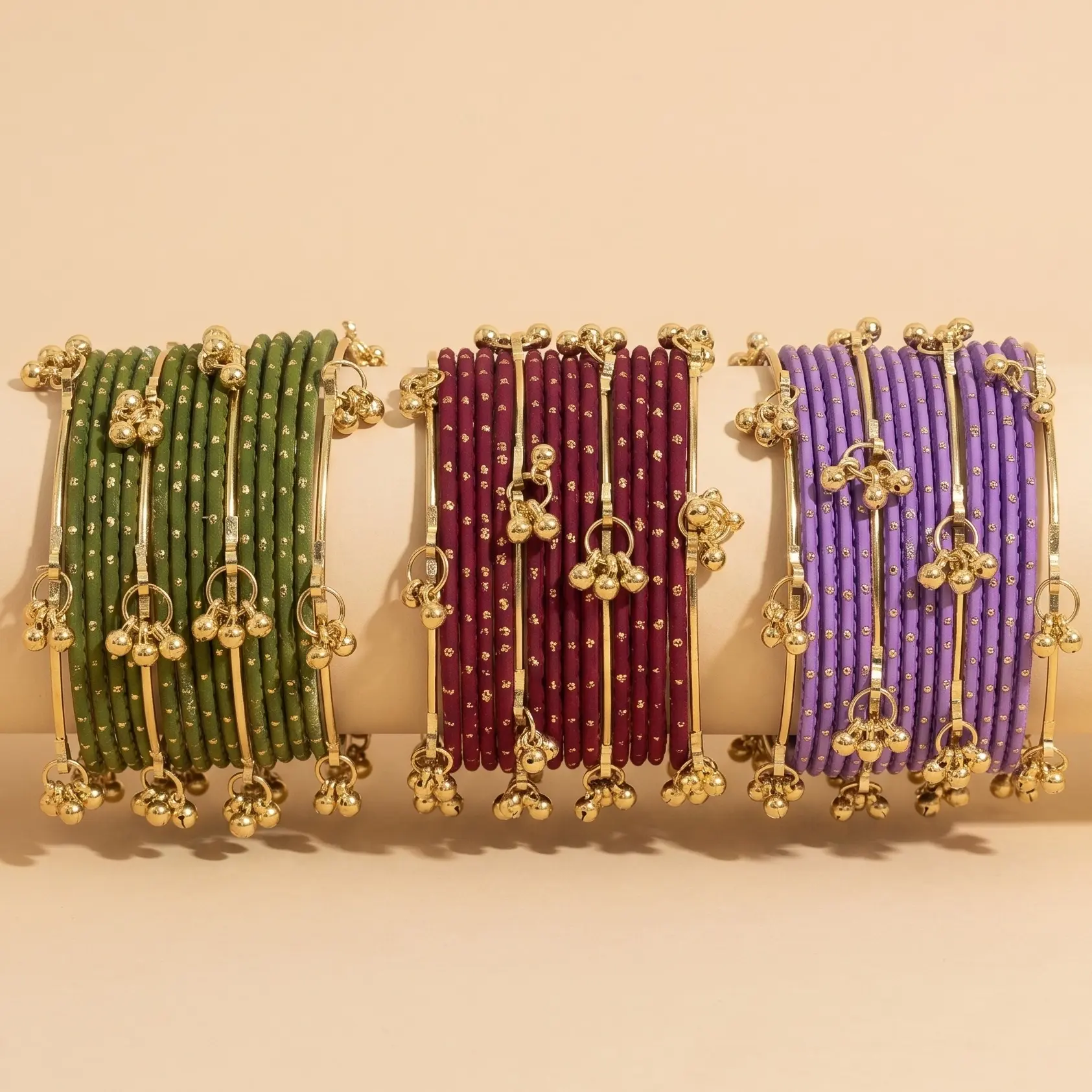 SIZE 2.6 - 16 Pcs Kashmiri Ghungroo Bangles Set with Metal Dotted Bangles