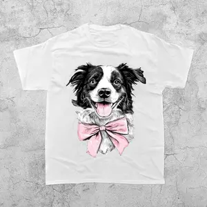 Cute Dog With Bow, Comfortable Fittable shirt for Pet Lovers, Fun Graphic Design, Perfect for Casual Wear, Soft & Basic Short Sleeves