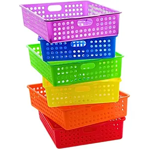 4E's Novelty Colorful Plastic Classroom Storage Bins - 13.75" x 10.25" for Organizing Papers, Pencils, Arts & Crafts, Rainbow Containers