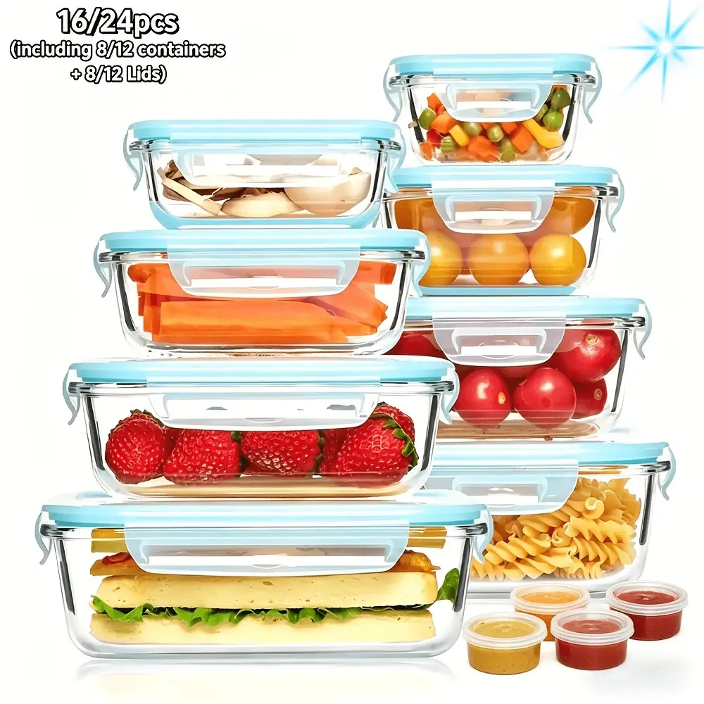 Glass Food Storage Containers with Airtight Lids (24/16Pcs) - Oven & Microwave-Safe Durable Kitchen Preserving Set for Salad, Outdoor Picnic