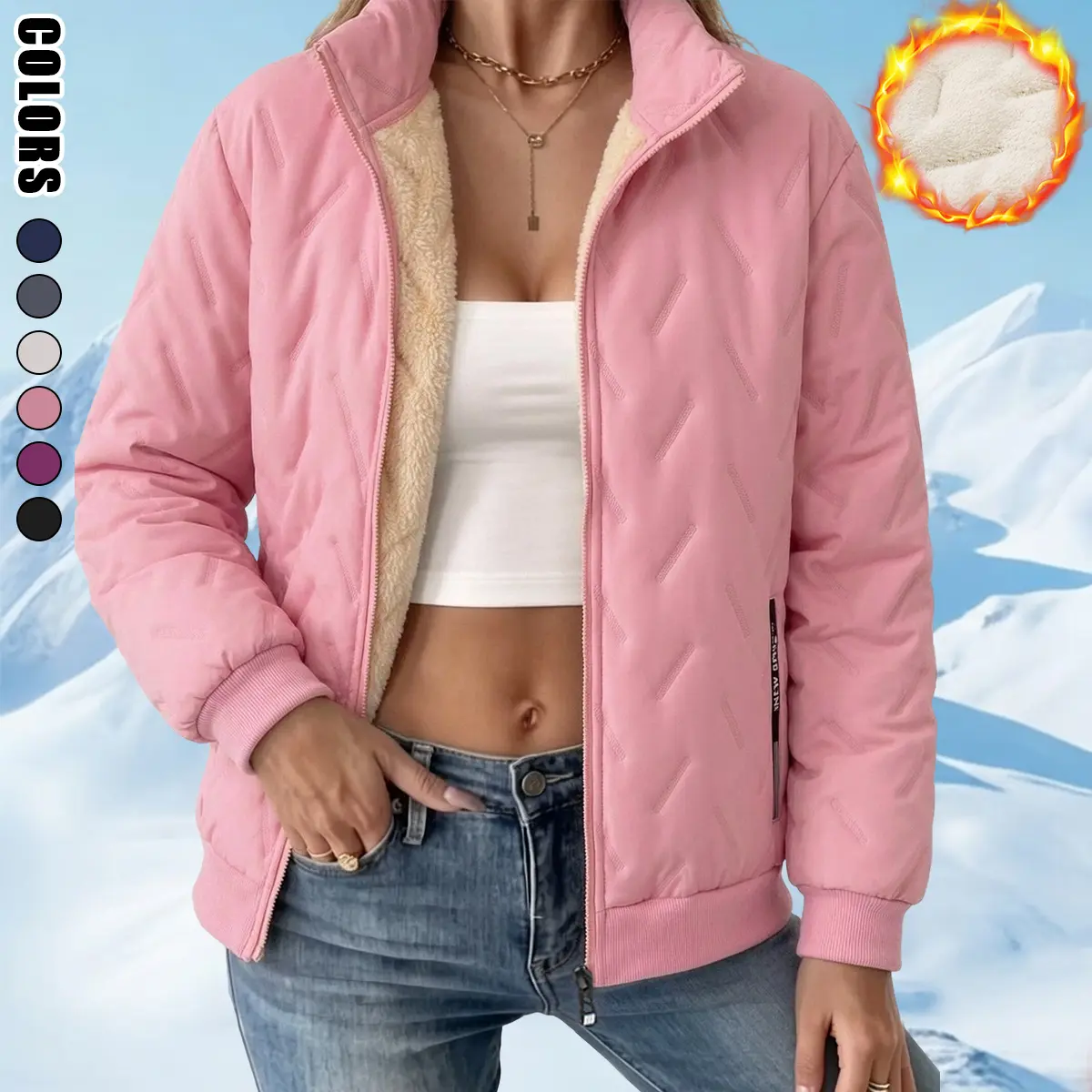 Women’s fleece warm jacket, solid color, zipper design, windproof and insulated, comfortable fleece lining, suitable for everyday wear and cold weather activities; women’s jackets, women’s coats, winter apparel, womenswear