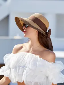 Ribbon Bow Straw Hat, Foldable Sun Protection Cap, Beach Vacation UV Blocker, Bohemian Ribbon Shade Hat, Casual Loose-Fitting