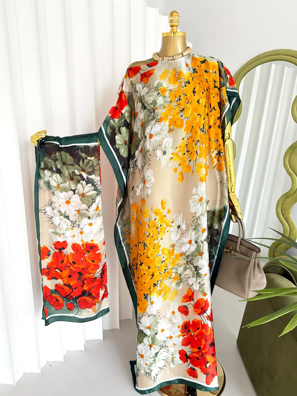 Vibrant Floral Print Kaftan Maxi Dress & Scarf Set – Elegant Loose Fit Long Robe with Red Poppies & Yellow Blossoms, Boho Beach Cover Up & Lounge Wear for Women, Soft Flowy Fabric Summer Vacation Outfit