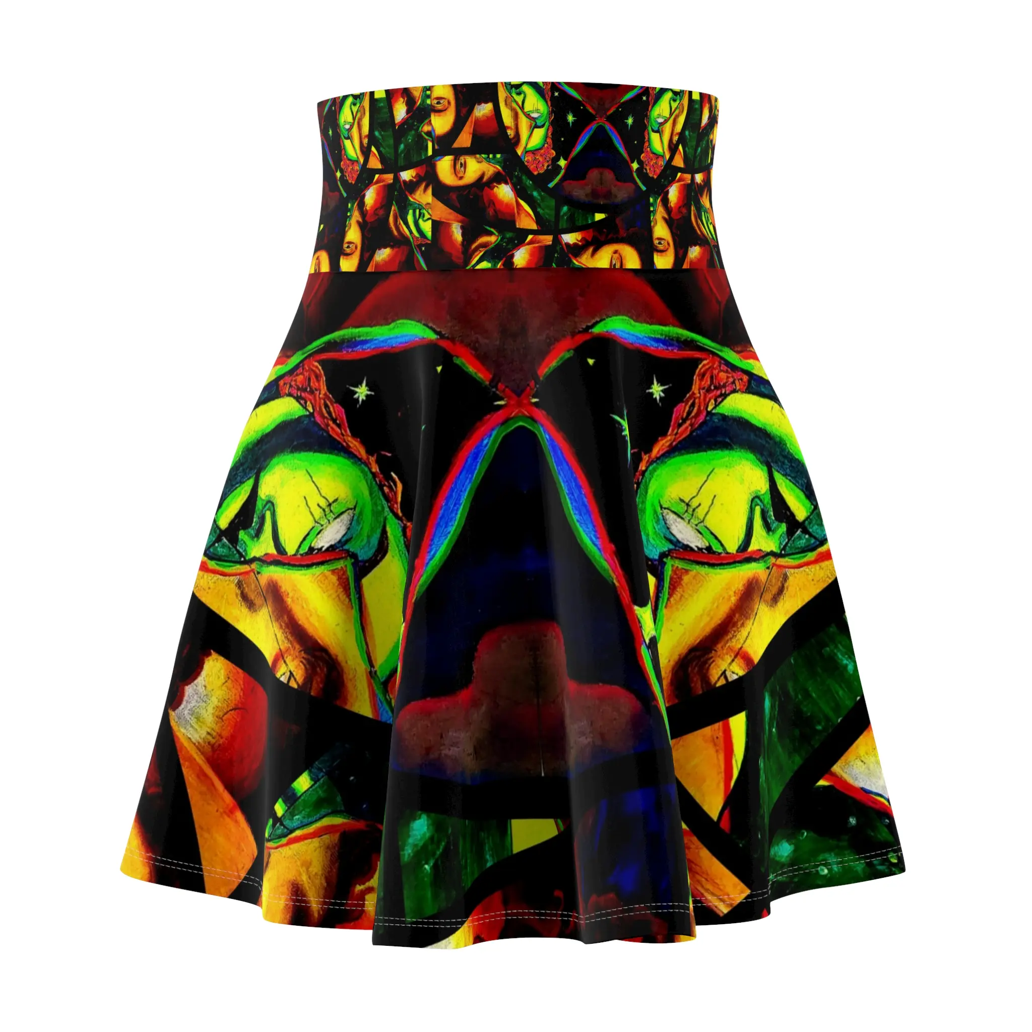Psychedelic Fractal Self Faces Skater Skirt | Colorful Kaleidoscope Print