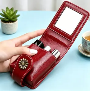 Mini Cosmetic Case with Mirror, 1 Count Elegant Faux Leather Lipstick Bag, Portable Makeup Pouch with Snap Closure, Travel Accessories, Handheld Cosmetic Pouch