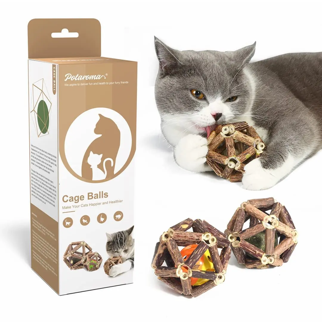 Potaroma Cat Chew Toys, 3 Pack Natural Silvervine Stick Cage Balls with Bell, Indoor Kitten Molar Matatabi Balls, Teeth Cleaning Interactive Toys for All Cat Breeds #SummerVibes #petlovers