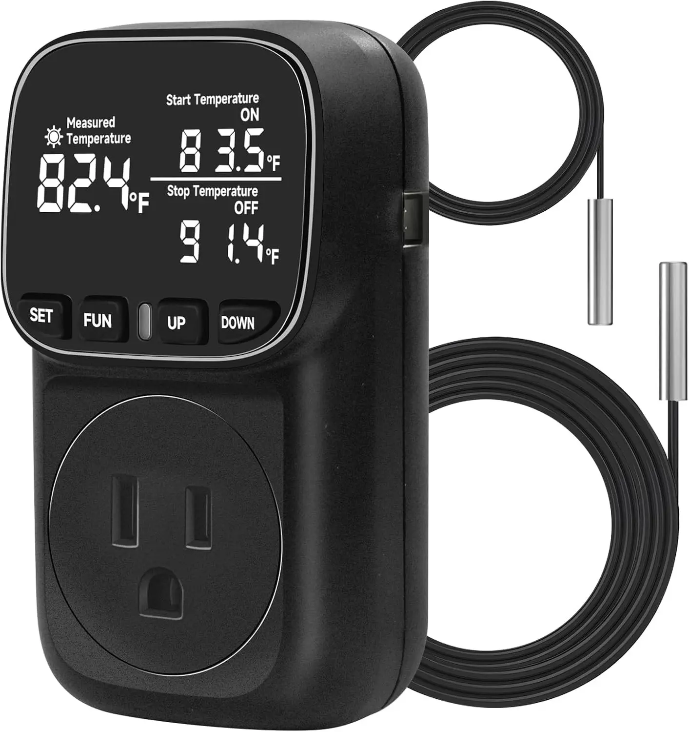 Temperature Controlled Outlet 15A/1800W Digital Thermostat Outlet Cyclic Timing/Countdown -40℉~210℉ VA Display Heating Cooling Control Timer with 2 Probe Cables for Reptile Incubator