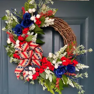 18-Inch Patriotic Front Door Wreath, July 4th Independence Day Wreath, Blue Flowers, American Flag Bow, Farmhouse Style Decor