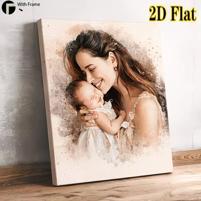 Personalized Framed 2D Soft Watercolor Portrait Canvas Print - Wood Photo Home Wall Art, Warm Gift for Moms, Wedding & Mother's Day Memorial Day Decor for Balcony & Kid Room