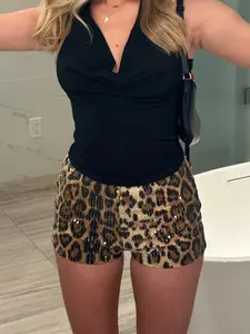 Women's Leopard Print Sequins Shorts, Casual Comfy Skinny Shorts for Daily Wear, Ladies Bottoms for All Seasons, Micro Shorts