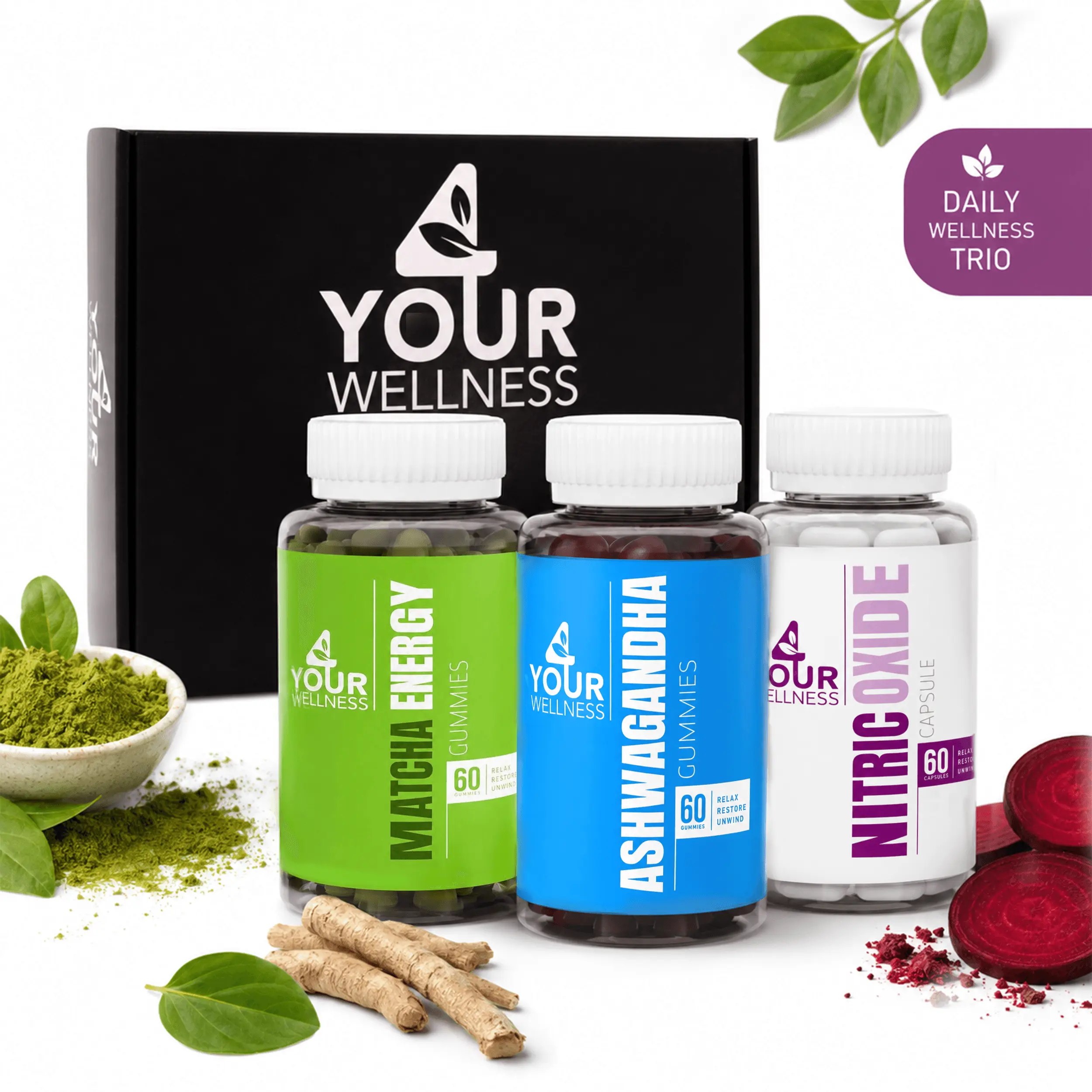 Trio-Pack Natural Herb Chewy Capsules - Premium KSM-66 Ashwagandha, Organic Green Tea Matcha, Nitric Oxide, Mixed Berry Flavor, Vegan, Non-GMO, Gluten-Free, Kosher-Certified Plant-Based Dietary Supplements for Brain Focus & Health, Herbs