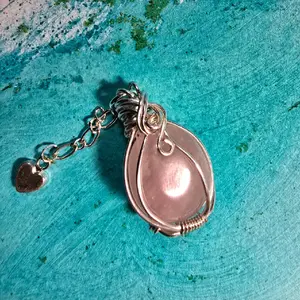 Rose Quartz Pendant Wrapped in Silver Wire with Heart Charm for Elegant Jewelry