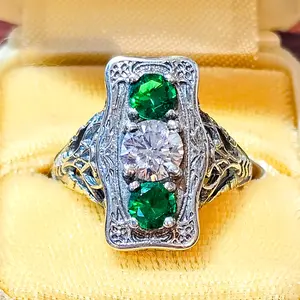 Antique Art Deco Style Emerald & Diamond Cubic Zirconia 925 Silver Filigree Ring Size 7.5