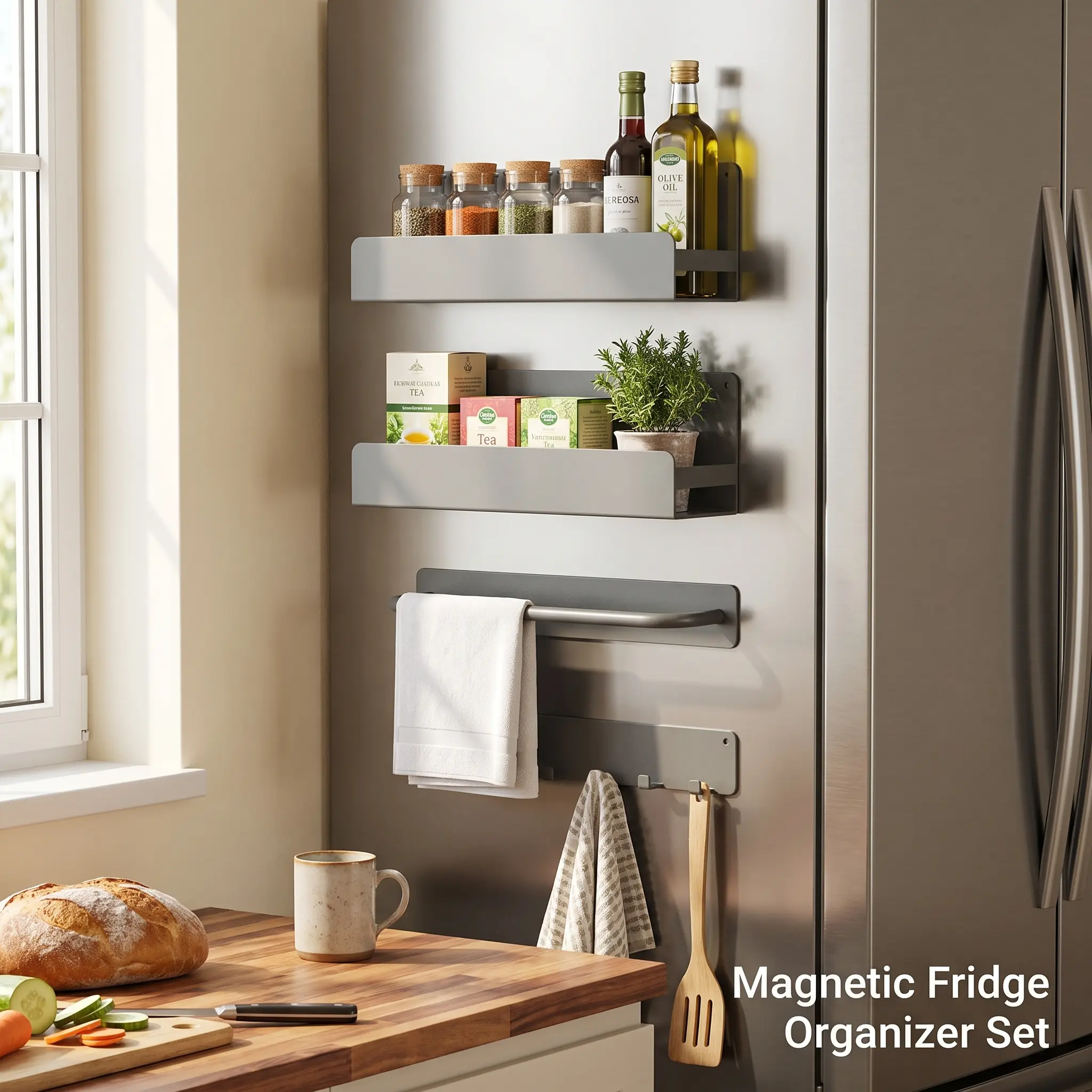 Gray Magnetic 4-Piece Set Removable Carbon Steel Fridge Organizer Rack - No-Drill Durable Kitchen Steel Shelf with Towel Bar, Built-In Hooks, Bottle & Can Beverage Storage Solutions