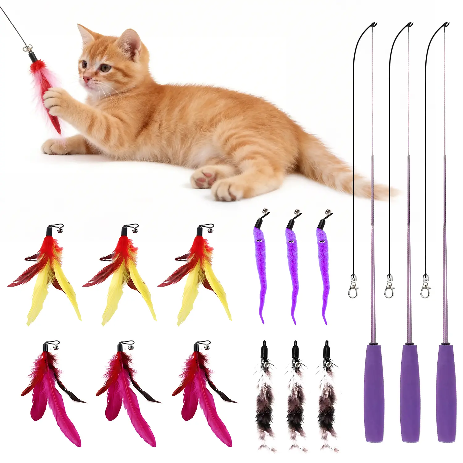 The Unbreakable Cat Wand Toy, Extra Long Durable Cat String Toy for Indoor Cats, Cat Fishing Pole Toy for  Indoor Adult Cats, Feather Teaser Toy On Stick Enrichment, Summervibes